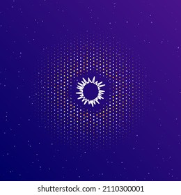 A large white contour sea urchin symbol in the center, surrounded by small dots. Dots of different colors in the shape of a ball. Vector illustration on dark blue gradient background with stars