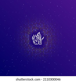 A large white contour seaweed symbol in the center, surrounded by small dots. Dots of different colors in the shape of a ball. Vector illustration on dark blue gradient background with stars