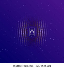 A large white contour seven of hearts playing card in the center, surrounded by small dots. Vector illustration on dark blue gradient background with stars