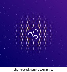 A large white contour share symbol in the center, surrounded by small dots. Dots of different colors in the shape of a ball. Vector illustration on dark blue gradient background with stars