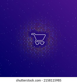 A large white contour shopping cart symbol in the center, surrounded by small dots. Dots of different colors in the shape of a ball. Vector illustration on dark blue gradient background with stars