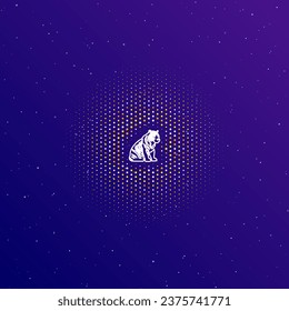 A large white contour sitting tiger symbol in the center, surrounded by small dots. Dots of different colors in the shape of a ball. Vector illustration on dark blue gradient background with stars