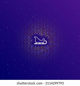A large white contour sleigh symbol in the center, surrounded by small dots. Dots of different colors in the shape of a ball. Vector illustration on dark blue gradient background with stars