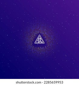 A large white contour slippery road sign in the center, surrounded by small dots. Dots of different colors in the shape of a ball. Vector illustration on dark blue gradient background with stars