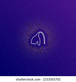 A large white contour snowdrop in the center, surrounded by small dots. Dots of different colors in the shape of a ball. Vector illustration on dark blue gradient background with stars