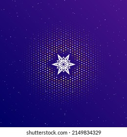 A large white contour snowflake in the center, surrounded by small dots. Dots of different colors in the shape of a ball. Vector illustration on dark blue gradient background with stars