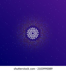 A large white contour snowflake symbol in the center, surrounded by small dots. Dots of different colors in the shape of a ball. Vector illustration on dark blue gradient background with stars