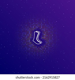 En el centro, un gran símbolo blanco de los calcetines de contorno está rodeado de pequeños puntos. Puntos de diferentes colores en forma de bola. Ilustración vectorial sobre fondo de gradiente azul oscuro con estrellas