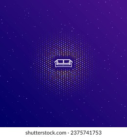 A large white contour sofa icon in the center, surrounded by small dots. Dots of different colors in the shape of a ball. Vector illustration on dark blue gradient background with stars
