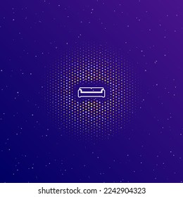 A large white contour sofa symbol in the center, surrounded by small dots. Dots of different colors in the shape of a ball. Vector illustration on dark blue gradient background with stars