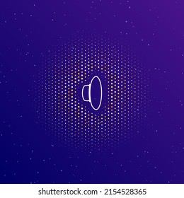 A large white contour speaker symbol in the center, surrounded by small dots. Dots of different colors in the shape of a ball. Vector illustration on dark blue gradient background with stars
