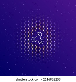A large white contour spinner symbol in the center, surrounded by small dots. Dots of different colors in the shape of a ball. Vector illustration on dark blue gradient background with stars