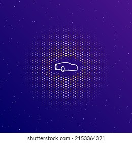 A large white contour sport car symbol in the center, surrounded by small dots. Dots of different colors in the shape of a ball. Vector illustration on dark blue gradient background with stars