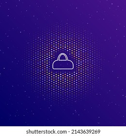 A large white contour sports bag symbol in the center, surrounded by small dots. Dots of different colors in the shape of a ball. Vector illustration on dark blue gradient background with stars
