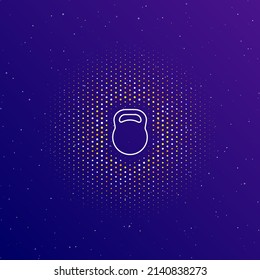 A large white contour sports weight symbol in the center, surrounded by small dots. Dots of different colors in the shape of a ball. Vector illustration on dark blue gradient background with stars