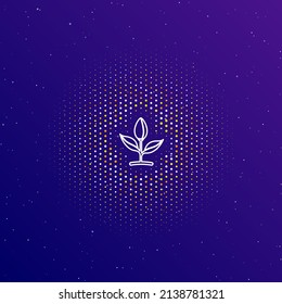A large white contour sprout symbol in the center, surrounded by small dots. Dots of different colors in the shape of a ball. Vector illustration on dark blue gradient background with stars