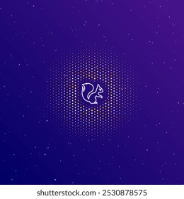 A large white contour squirrel symbol in the center, surrounded by small dots. Dots of different colors in the shape of a ball. Vector illustration on dark blue gradient background with stars