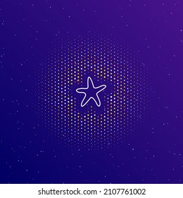 A large white contour starfish symbol in the center, surrounded by small dots. Dots of different colors in the shape of a ball. Vector illustration on dark blue gradient background with stars
