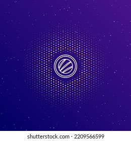 A large white contour sushi roll symbol in the center, surrounded by small dots. Dots of different colors in the shape of a ball. Vector illustration on dark blue gradient background with stars