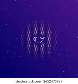 Um grande bule de chá de contorno branco para símbolo de chá no centro, rodeado por pequenos pontos. Pontos de cores diferentes na forma de uma bola. Ilustração vetorial no fundo de gradiente azul escuro com estrelas