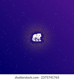 A large white contour tiger symbol in the center, surrounded by small dots. Dots of different colors in the shape of a ball. Vector illustration on dark blue gradient background with stars