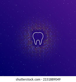 A large white contour tooth symbol in the center, surrounded by small dots. Dots of different colors in the shape of a ball. Vector illustration on dark blue gradient background with stars