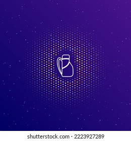 A large white contour travel backpack symbol in the center, surrounded by small dots. Dots of different colors in the shape of a ball. Vector illustration on dark blue gradient background with stars