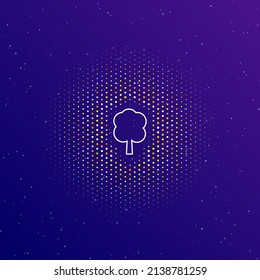 A large white contour tree symbol in the center, surrounded by small dots. Dots of different colors in the shape of a ball. Vector illustration on dark blue gradient background with stars