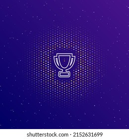 A large white contour trophy symbol in the center, surrounded by small dots. Dots of different colors in the shape of a ball. Vector illustration on dark blue gradient background with stars