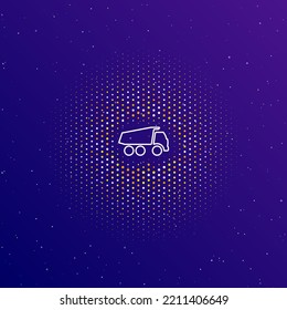 A large white contour truck symbol in the center, surrounded by small dots. Dots of different colors in the shape of a ball. Vector illustration on dark blue gradient background with stars