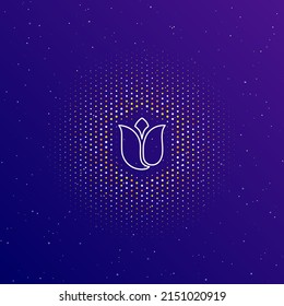 A large white contour tulip in the center, surrounded by small dots. Dots of different colors in the shape of a ball. Vector illustration on dark blue gradient background with stars
