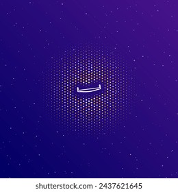 A large white contour two-handed saw in the center, surrounded by small dots. Dots of different colors in the shape of a ball. Vector illustration on dark blue gradient background with stars