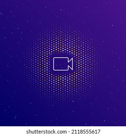 A large white contour video camera symbol in the center, surrounded by small dots. Dots of different colors in the shape of a ball. Vector illustration on dark blue gradient background with stars