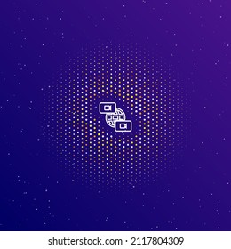 A large white contour videoconference symbol in the center, surrounded by small dots. Dots of different colors in the shape of a ball. Vector illustration on dark blue gradient background with stars