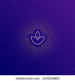 A large white contour water lily symbol in the center, surrounded by small dots. Dots of different colors in the shape of a ball. Vector illustration on dark blue gradient background with stars