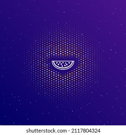 A large white contour watermelon piece symbol in the center, surrounded by small dots. Dots of different colors in the shape of a ball. Vector illustration on dark blue gradient background with stars