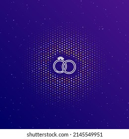 A large white contour wedding rings symbol in the center, surrounded by small dots. Dots of different colors in the shape of a ball. Vector illustration on dark blue gradient background with stars