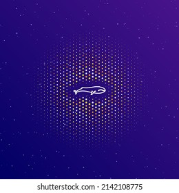 A large white contour whale symbol in the center, surrounded by small dots. Dots of different colors in the shape of a ball. Vector illustration on dark blue gradient background with stars