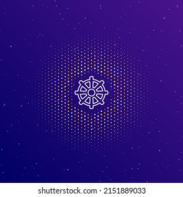 A large white contour wheel symbol in the center, surrounded by small dots. Dots of different colors in the shape of a ball. Vector illustration on dark blue gradient background with stars