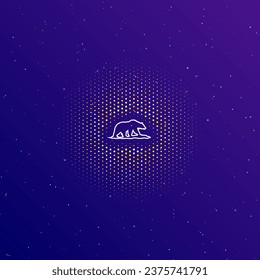 A large white contour wild bear symbol in the center, surrounded by small dots. Dots of different colors in the shape of a ball. Vector illustration on dark blue gradient background with stars