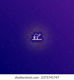 A large white contour wild camel symbol in the center, surrounded by small dots. Dots of different colors in the shape of a ball. Vector illustration on dark blue gradient background with stars