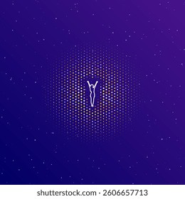 A large white contour woman with hands up symbol in the center, surrounded by small dots. Vector illustration on dark blue gradient background with stars