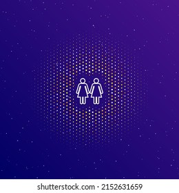 A large white contour woman with woman symbol in the center, surrounded by small dots. Dots of different colors in the shape of a ball. Vector illustration on dark blue gradient background with stars