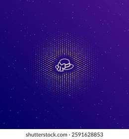 A large white contour women's hat symbol in the center, surrounded by small dots. Dots of different colors in the shape of a ball. Vector illustration on dark blue gradient background with stars