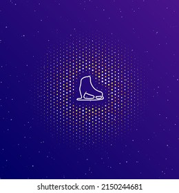 A large white contour womens ice skate in the center, surrounded by small dots. Dots of different colors in the shape of a ball. Vector illustration on dark blue gradient background with stars