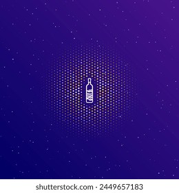 A large white contour the world in a bottle symbol in the center, surrounded by small dots. Vector illustration on dark blue gradient background with stars