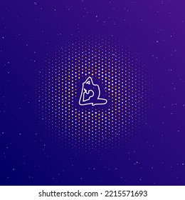 A large white contour yoga stretching pose symbol in the center, surrounded by small dots. Vector illustration on dark blue gradient background with stars