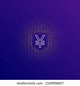 A large white contour yuan symbol in the center, surrounded by small dots. Dots of different colors in the shape of a ball. Vector illustration on dark blue gradient background with stars