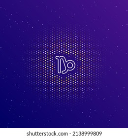 A large white contour zodiac capricorn symbol in the center, surrounded by small dots. Dots of different colors in the shape of a ball. Vector illustration on dark blue gradient background with stars