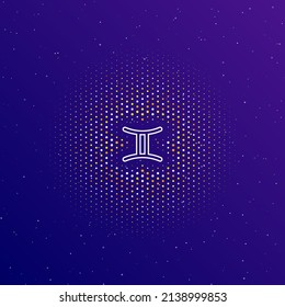 A large white contour zodiac gemini symbol in the center, surrounded by small dots. Dots of different colors in the shape of a ball. Vector illustration on dark blue gradient background with stars